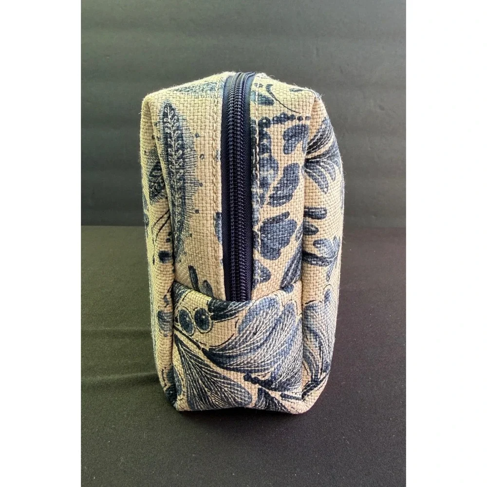 Spartina 449 Floral Linen Cosmetic Bag Blue Cream Toile Makeup Pouch Travel Case